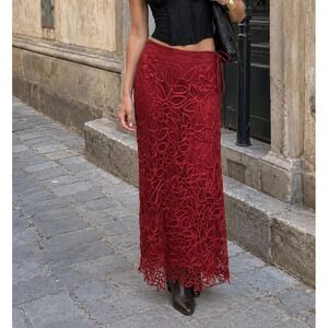 Silken Poetry 100% Silk Red Maxi Skirt Hand Beaded Lace Overlay Crochet VTG Sz M